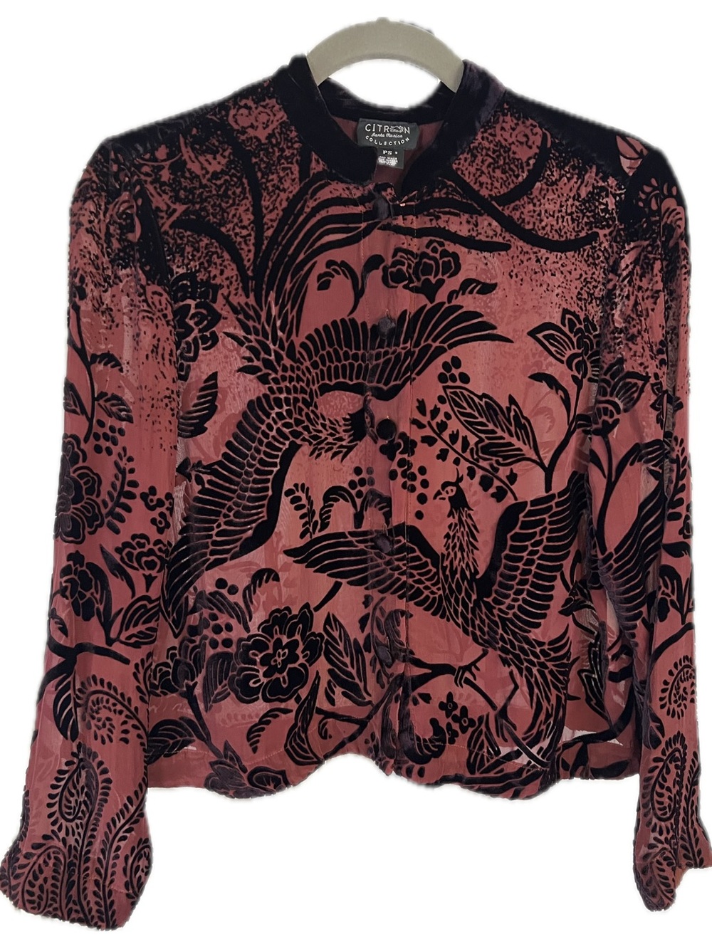 Citron Vintage Sheer Burgundy Velvet Burnout phoenix Silk Blend Print Blouse